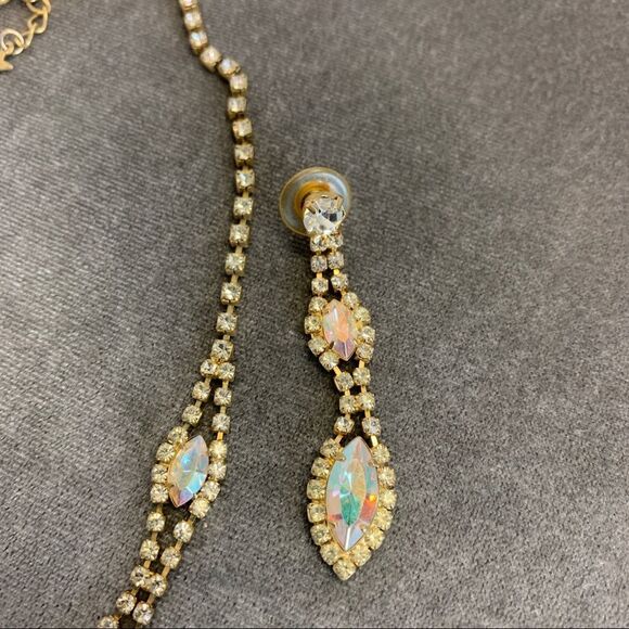 GOLD tone Arora borealis rhinestone necklace earring set wedding prom bridesmaid - Picture 5 of 9